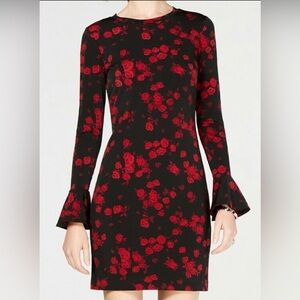 New MICHAEL KORS Rose Bell Sleeve Shift Dress Black / Red Currant